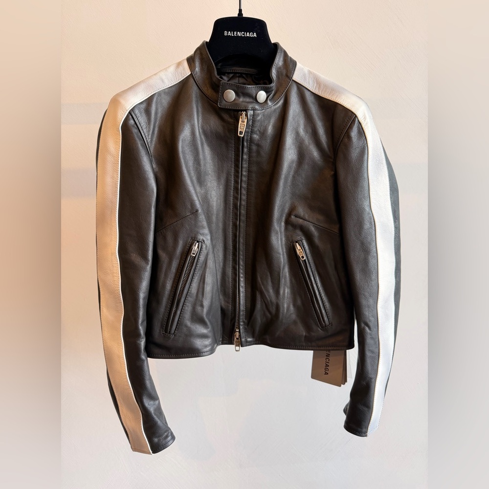 Balenciaga Moto Racer Jacket in Black Leather With White “Dirty” Stripes Size 40